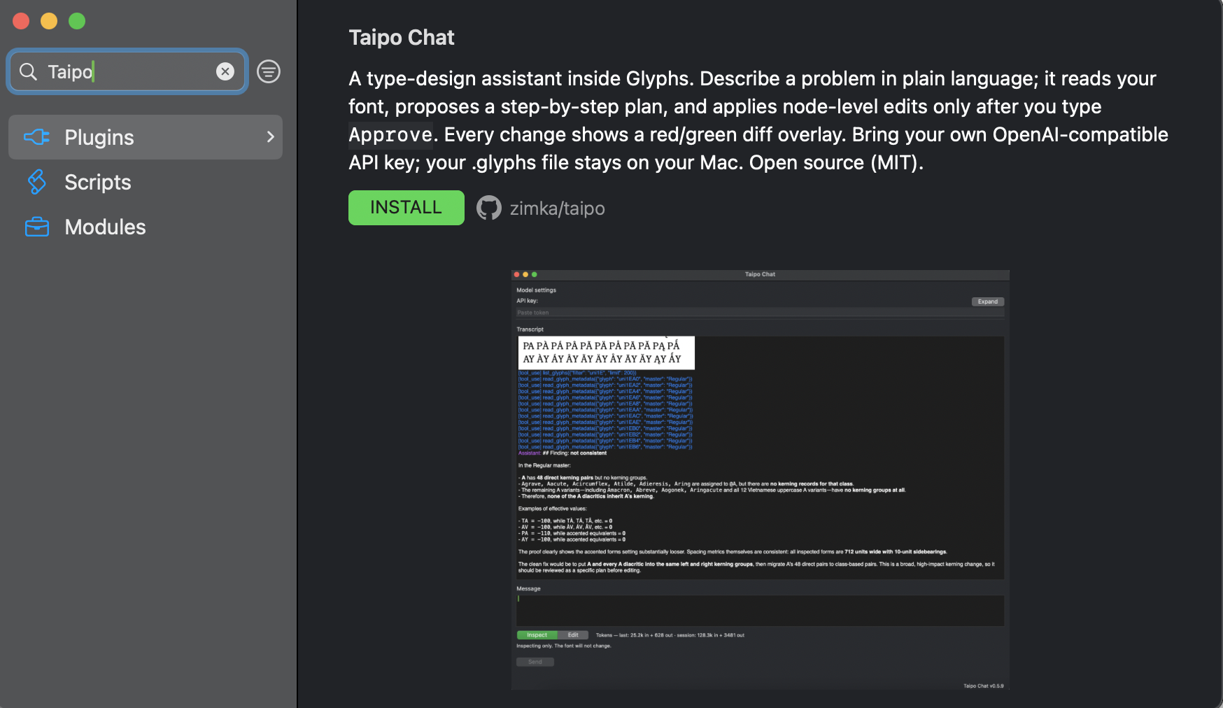 Glyphs Plugin Manager, Plugins tab, showing the Taipo Chat listing with description and Install button